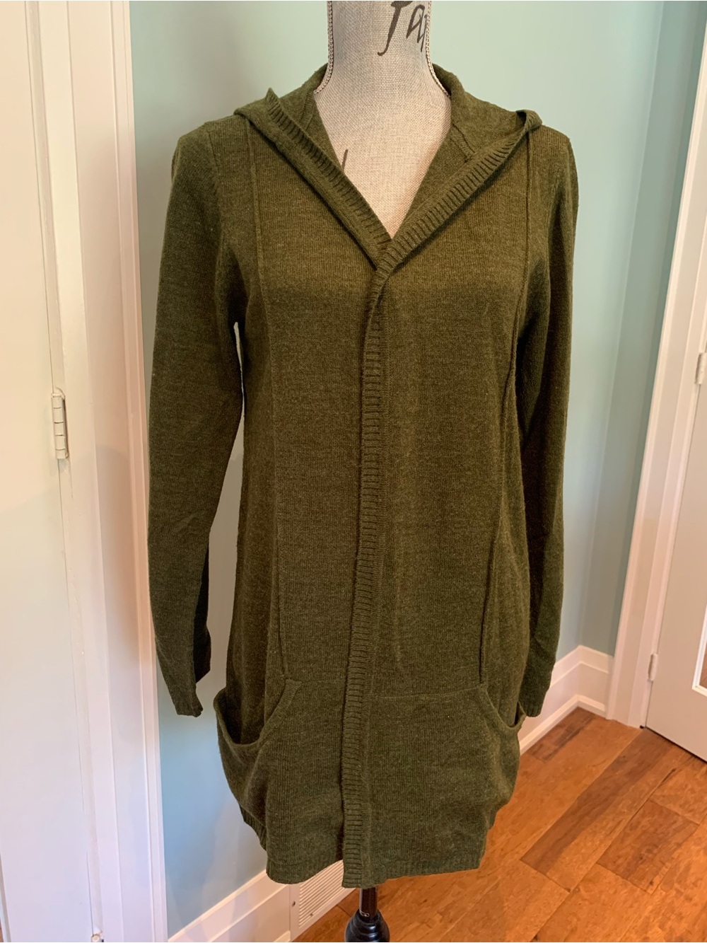 Olive Green Hooded Open-Front Women's Cardigan - Picture 2 of 16